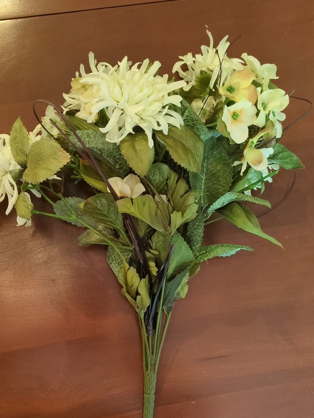 Faux Silk Hydrangeas & Chrysanthemum Bunch Salmon Pink Cream Green Antique Look